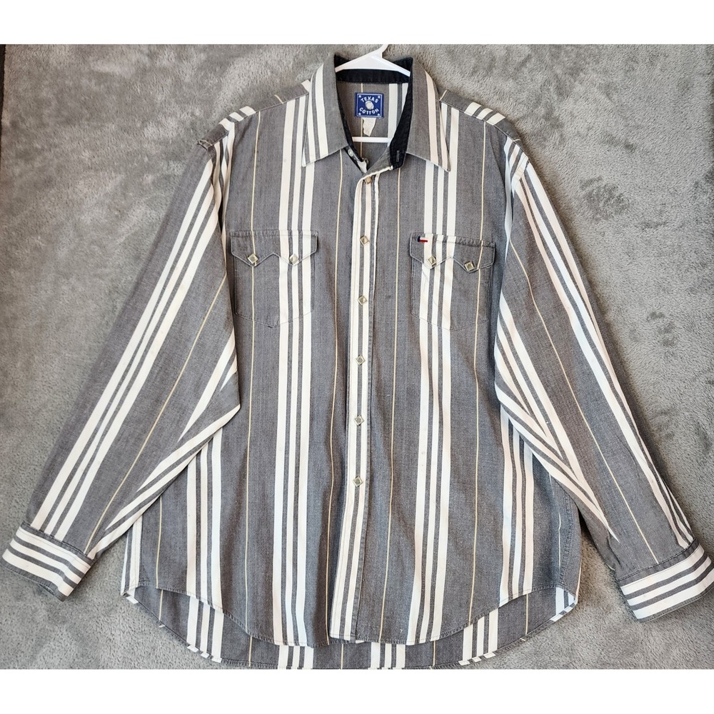 Texas Cotton Shirt Mens XL Grey White Striped Western Pearl Snap Long Sleeve